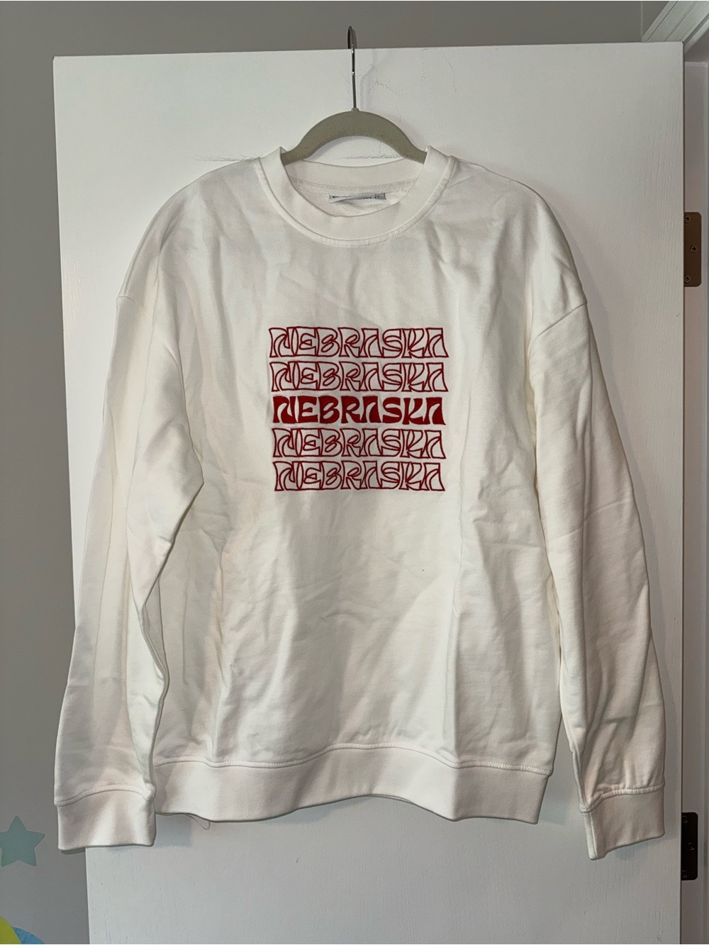 White embroidered Nebraska Crewneck Sweatshirt- unisex